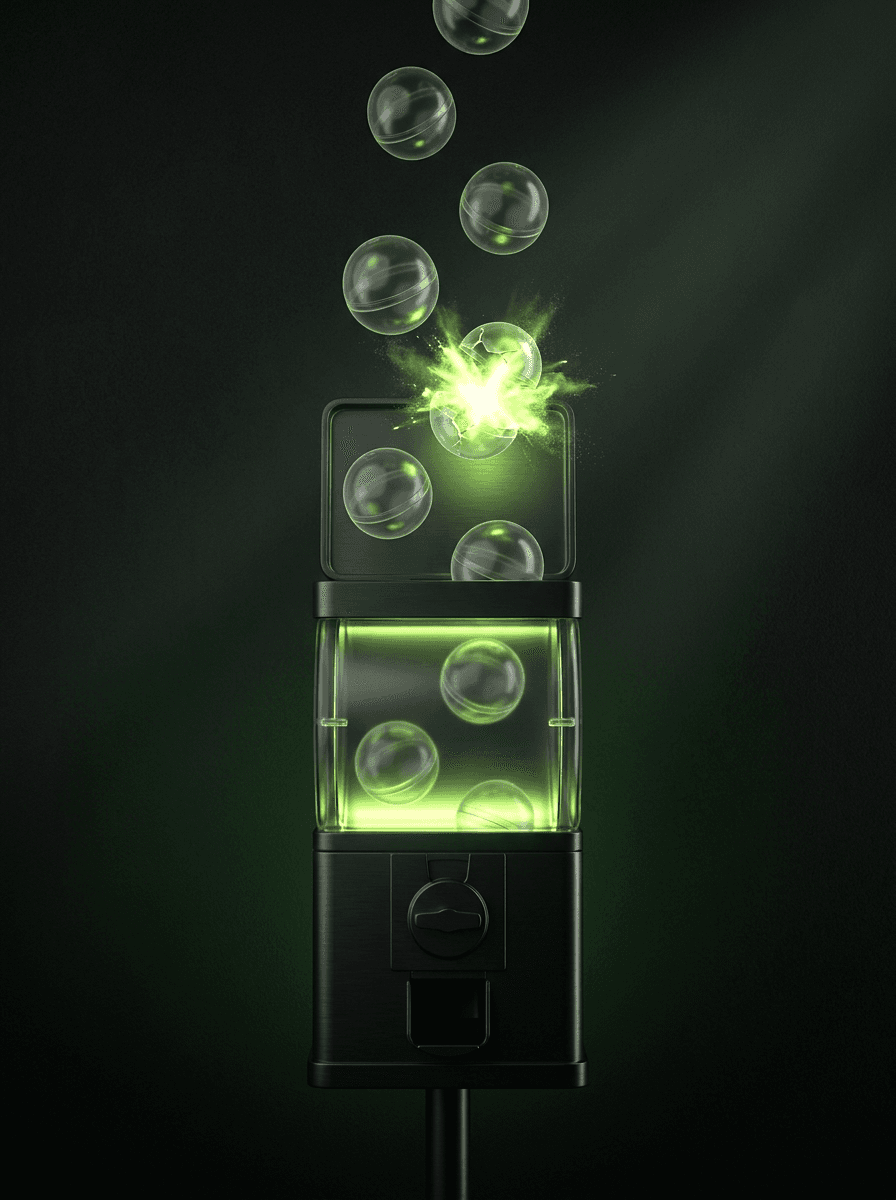 A matte-black capsule machine glowing electric lime as a prize capsule cracks open